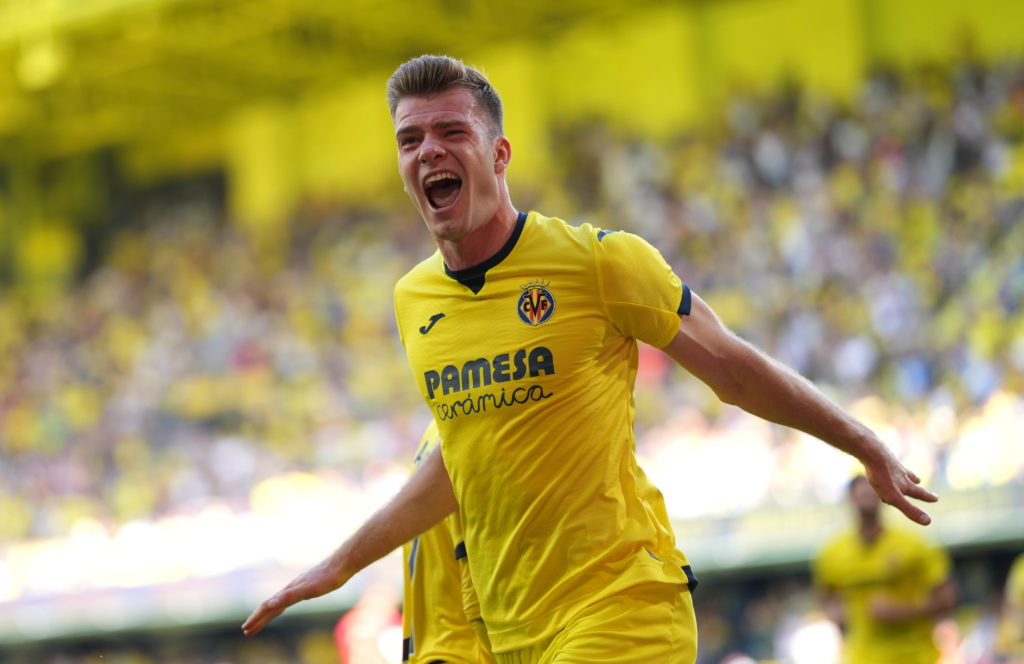 Alexander Sorloth of Villarreal CF celebrates scoring his team's first goal during the LaLiga EA Sports match between Villarreal CF and Sevilla FC ...