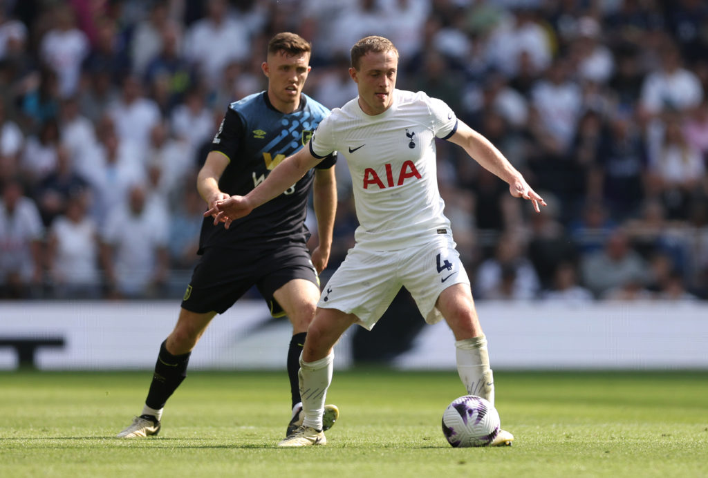 Oliver Skipp of Spurs during the Premier League match between Tottenham Hotspur and Burnley FC at Tottenham Hotspur Stadium on May 11, 2024 in Lond...