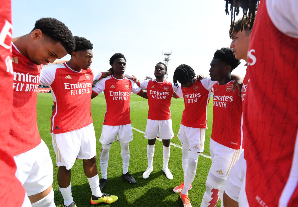 (L-R) Ethan Nwaneri, Myles Lewis-Skelly, Ismeal Kabia, Nathan Butler-Oyedeji, Josh Nichols, Amario Cozier-Duberry and James Sweet of Arsenal before...