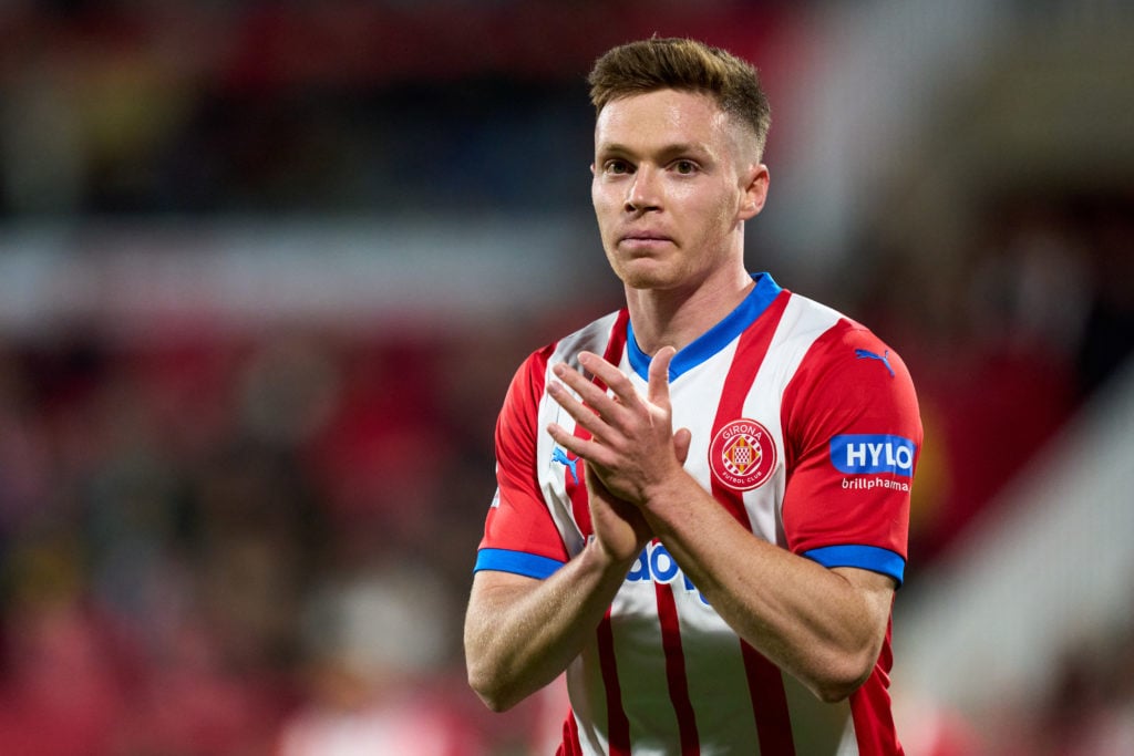 Viktor Tsygankov of Girona FC acknowledges the supporters during the LaLiga EA Sports match between Girona FC and Villarreal CF at Montilivi Stadiu...