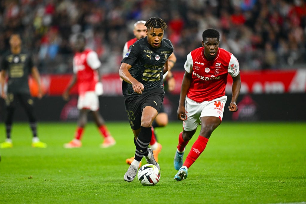 Desire DOUE of Stade Rennais FC and Marshall MUNETSI of Reims during the Ligue 1 Uber Eats match between Reims and Rennes at Stade Auguste Delaune ...