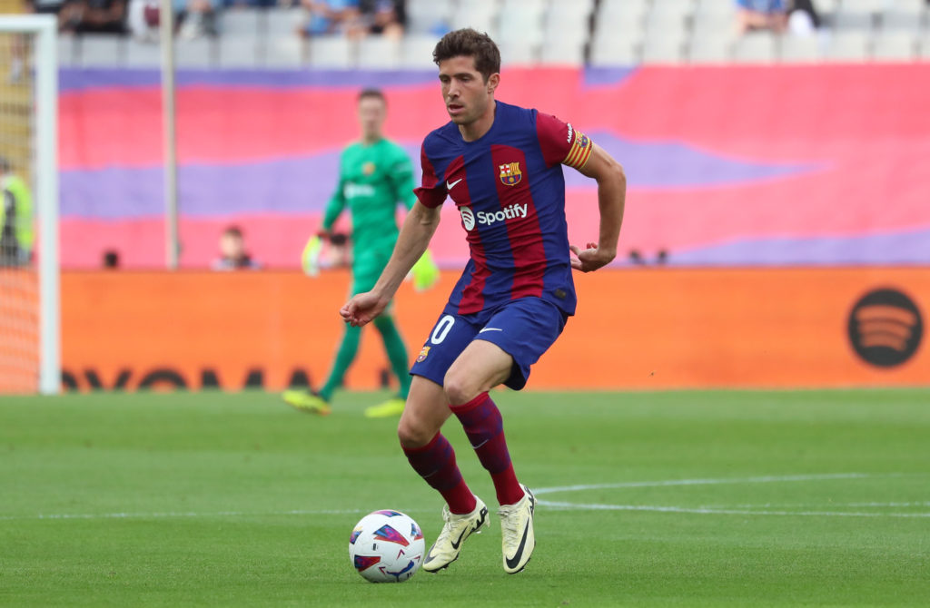 Sergi Roberto is playing during the match between FC Barcelona and Rayo Vallecano, corresponding to week 37 of LaLiga EA Sports, at the Olympic Sta...