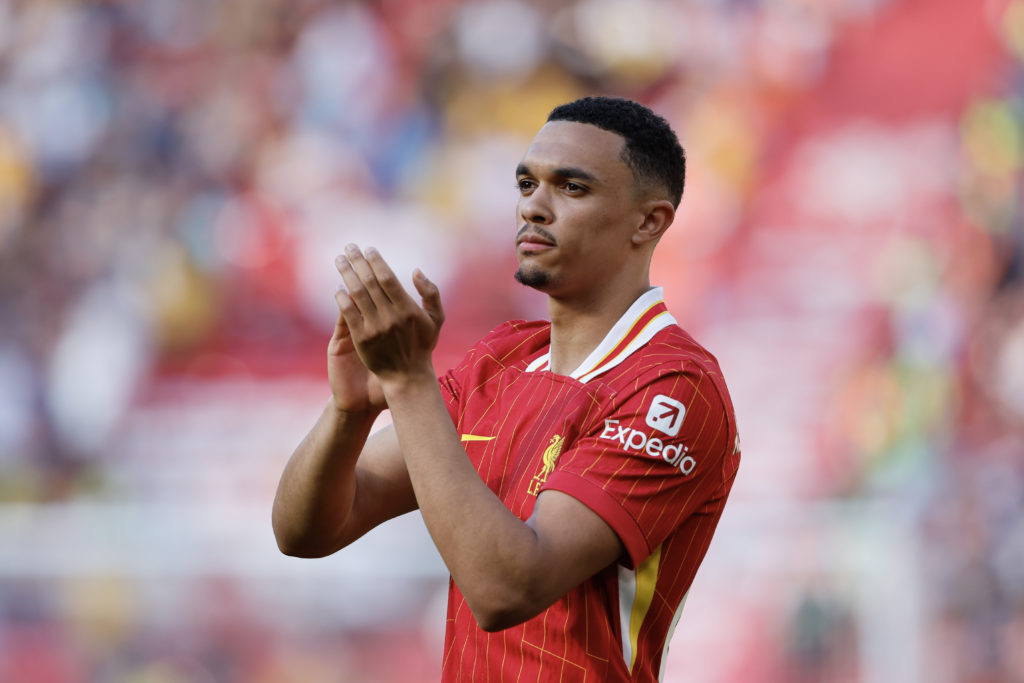 Trent Alexander-Arnold of Liverpool applauds at full time after the Premier League match between Liverpool FC and Wolverhampton Wanderers at Anfiel...