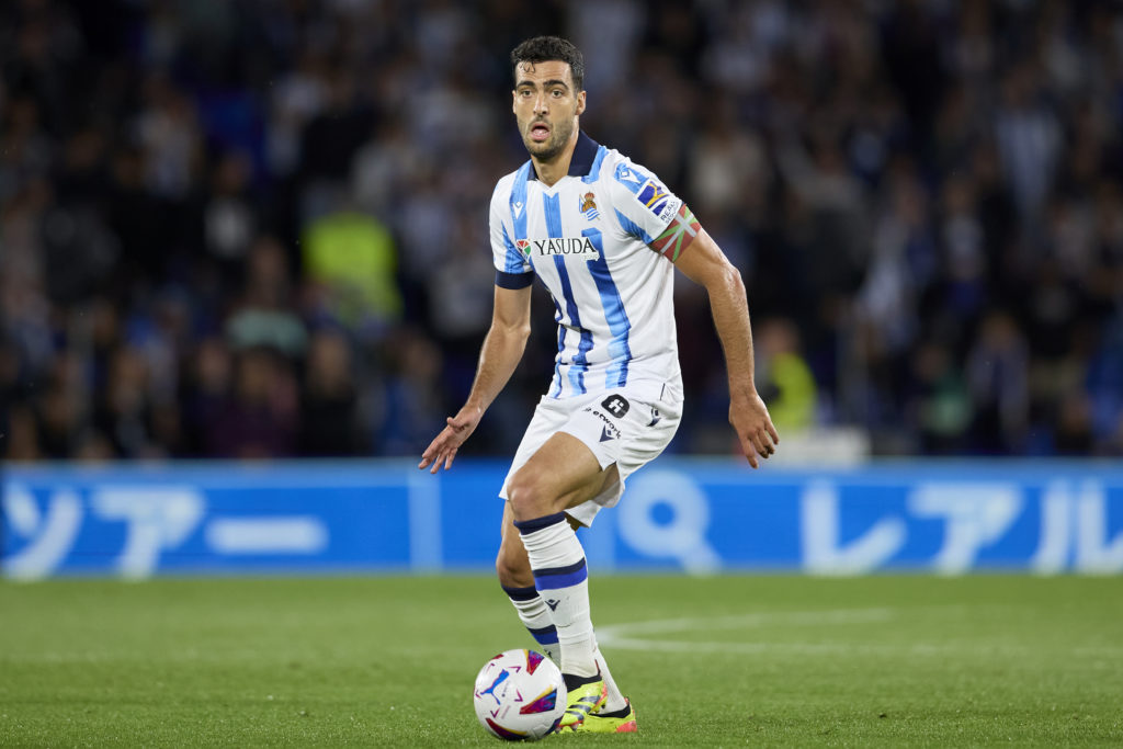 Mikel Merino of Real Sociedad with the ball during the LaLiga EA Sports match between Real Sociedad and Valencia CF at Reale Arena on May 16, 2024 ...