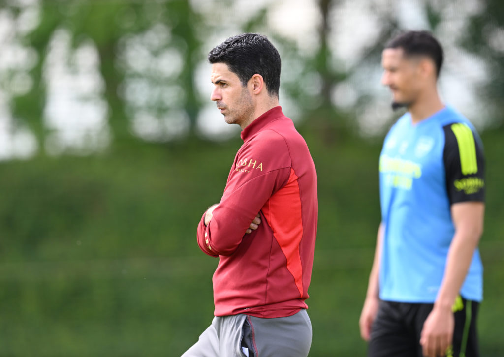 Arsenal manager Mikel Arteta during a training session at London Colney on May 17, 2024 in St Albans, England.