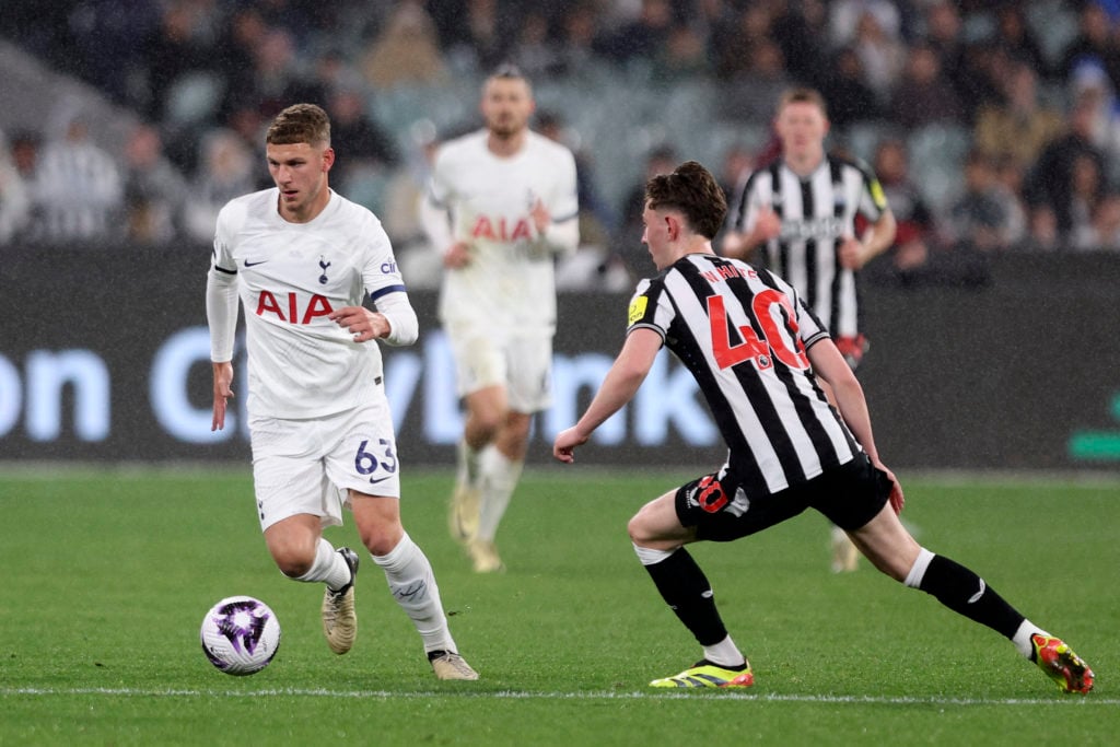 Tottenham Hotspur's Jamie Donley (L) controls the ball during the football friendly match between Tottenham Hotspur and Newcastle United at Melbour...