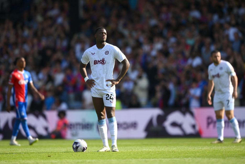 Jhon Duran of Aston Villa reacts during the Premier League match between Crystal Palace and Aston Villa at Selhurst Park on May 19, 2024 in London,...