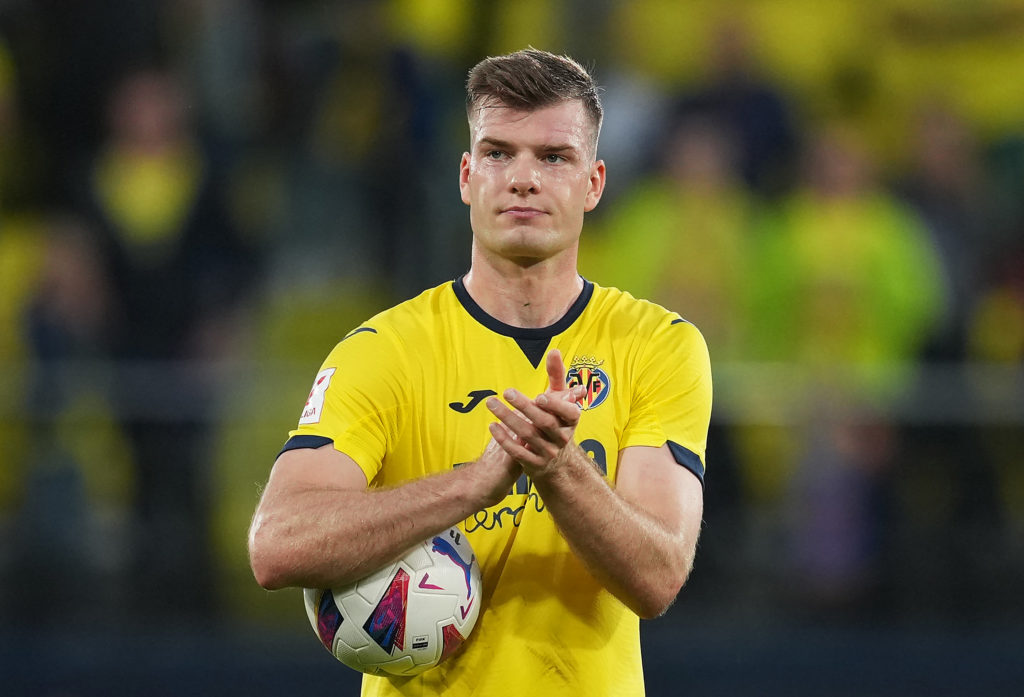 Alexander Sorloth of Villarreal CF applauds the fans whilst holding the match ball having scored four goals during the team's draw in the LaLiga EA...