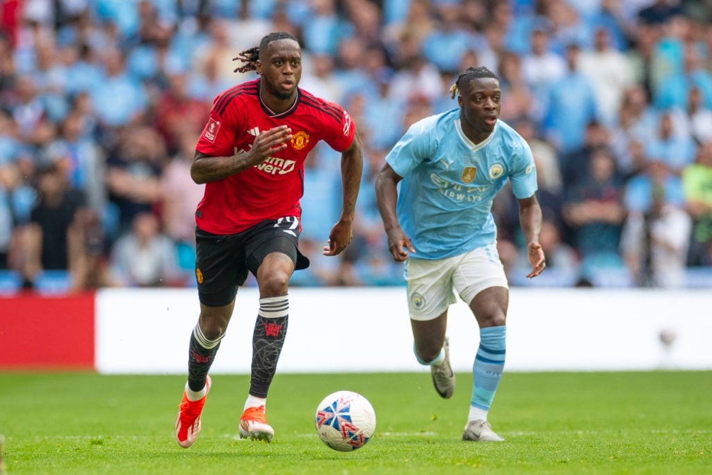 Aaron Wan-Bissaka #29 of Manchester United is in action during the FA Cup Final between Manchester City and Manchester United at Wembley Stadium in...