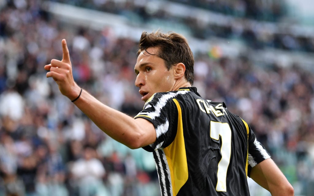 Federico Chiesa of Juventus celebrates scoring his team's first goal during the Serie A TIM match between Juventus and AC Monza at  on May 25, 2024...