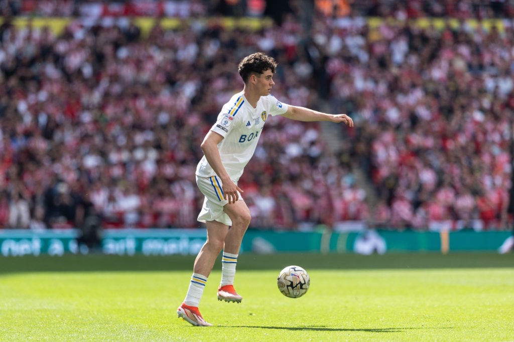 Archie Gray (Leeds United) is on the ball during the SkyBet Championship Playoff Final between Leeds United and Southampton at Wembley Stadium, in ...