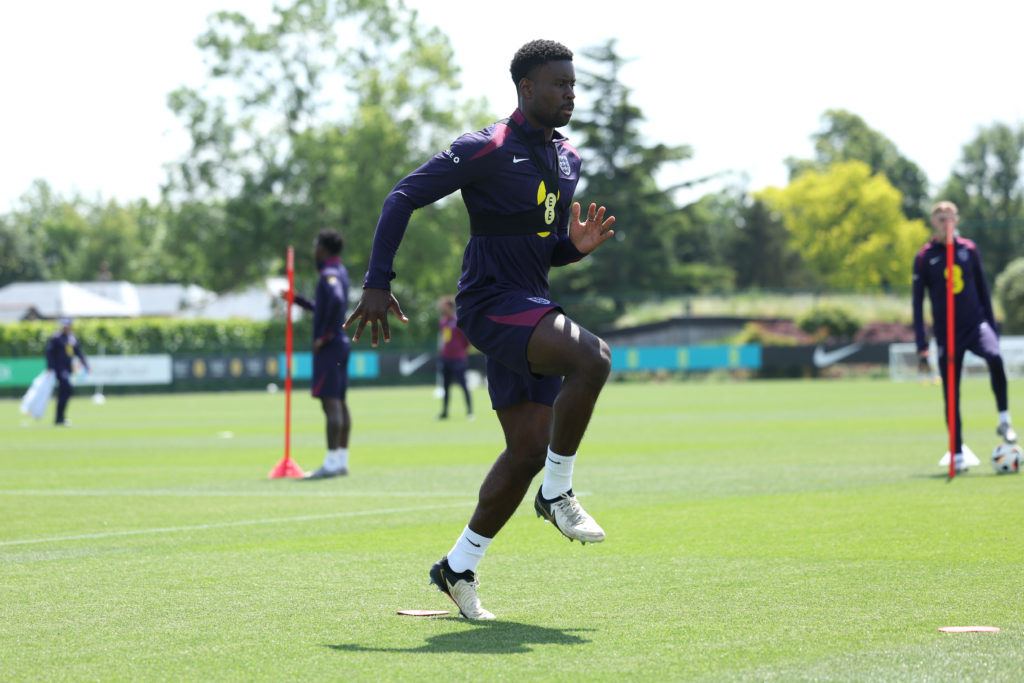 Marc Guehi of England  in action during a training session at Spurs Lodge on June 05, 2024 in London, England.