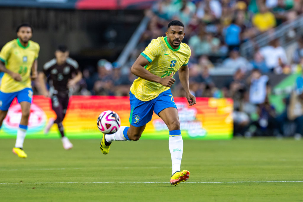 Brazil defender Gleison Bremer Nascimento (#24) runs up field during the international friendly soccer match between Brazil and Mexico on June 8, 2...