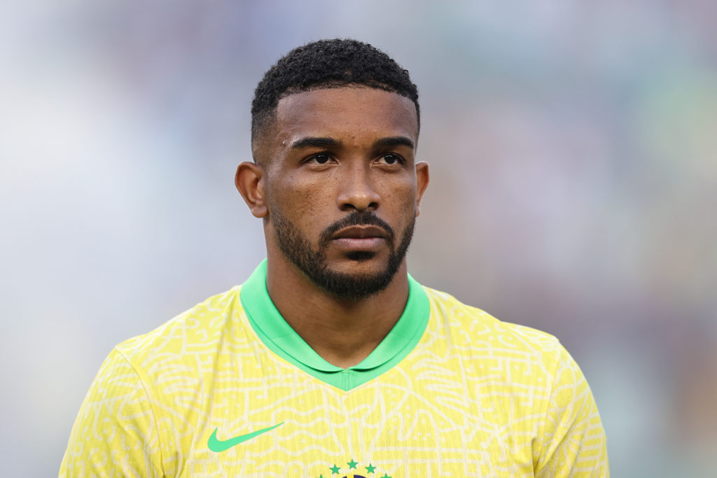 Gleison Bremer Nascimento #25 of Brazil stands for his national anthem before to the international friendly match between Mexico and  Brazil at Kyl...