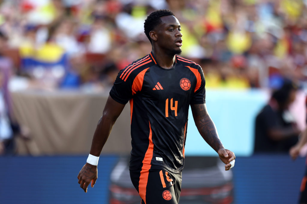 Jhon Durán #14 of Colombia looks on against the United States at Commanders Field on June 08, 2024 in Landover, Maryland.