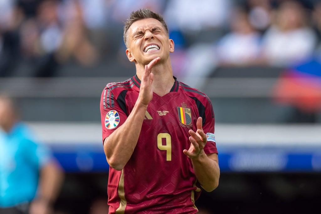 Leandro Trossard of Belgium reacts during the Group E - UEFA EURO 2024 match between Belgium and Slovakia at Deutsche Bank Park on June 17, 2024 in...