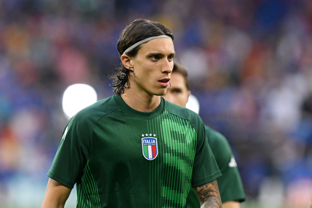 Riccardo Calafiori of Italy looks on as he warms up prior to the UEFA EURO 2024 group stage match between Spain and Italy at Arena AufSchalke on Ju...