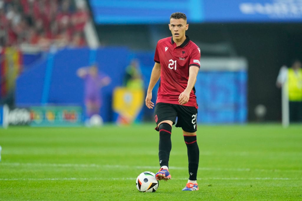 Kristjan Asllani defensive midfield of Albania and Inter Milan 
during the UEFA EURO 2024 group stage match between Albania and Spain at Düsseldorf...