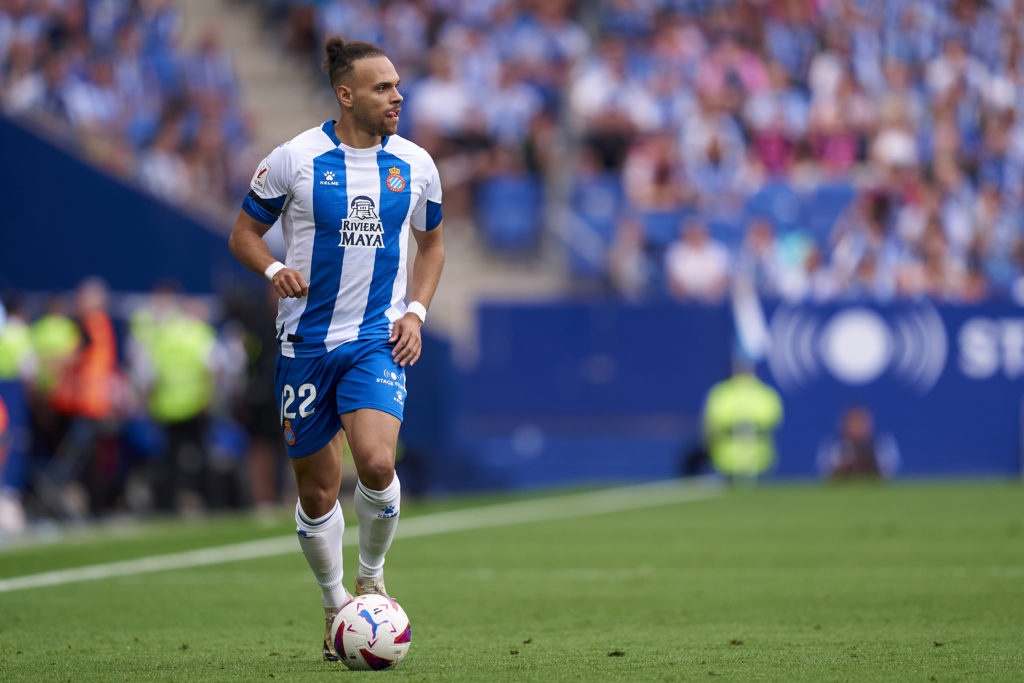 Martin Braithwaite of RCD Espanyol with the ball during the LaLiga Hypermotion Play Off FInal 2nd Leg match between RCD Espanyol and Real Oviedo at...