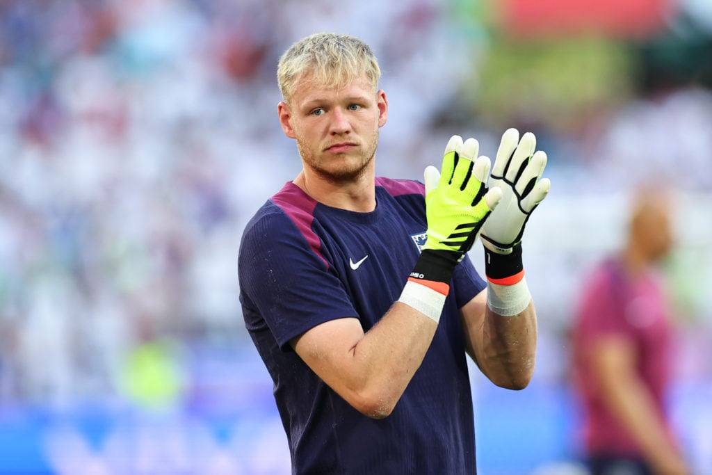 Aaron Ramsdale of England  warms up during the UEFA EURO 2024 group stage match between England and Slovenia at Cologne Stadium on June 25, 2024 in...