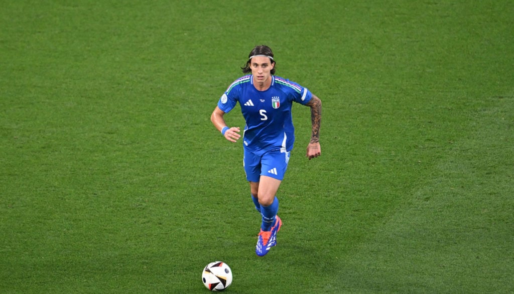 Riccardo Calafiori of Italy in action during the UEFA EURO 2024 group stage match between Croatia and Italy at Football Stadium Leipzig on June 24,...