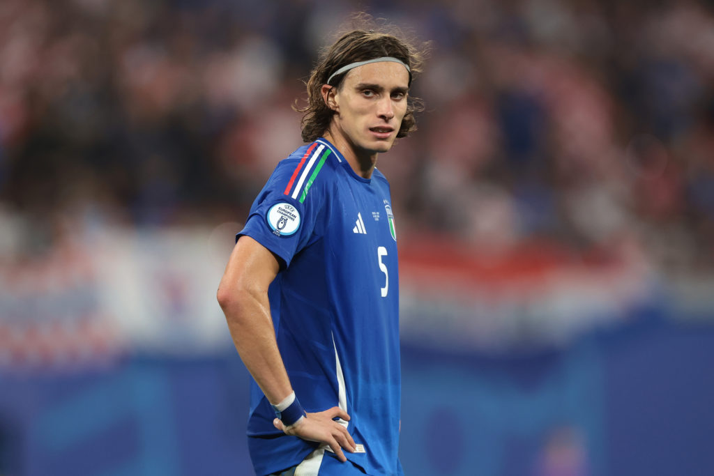 Riccardo Calafiori of Italy reacts during the UEFA EURO 2024 group stage match between Croatia and Italy at Football Stadium Leipzig on June 24, 20...