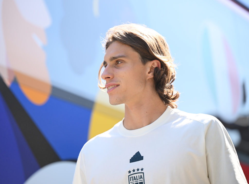 Riccardo Calafiori of Italy arrives at Hemberg-Stadion prior to the Italy training session on June 26, 2024 in Iserlohn, Germany.