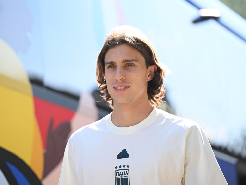 Riccardo Calafiori of Italy arrives at Hemberg-Stadion prior to the Italy training session on June 26, 2024 in Iserlohn, Germany.