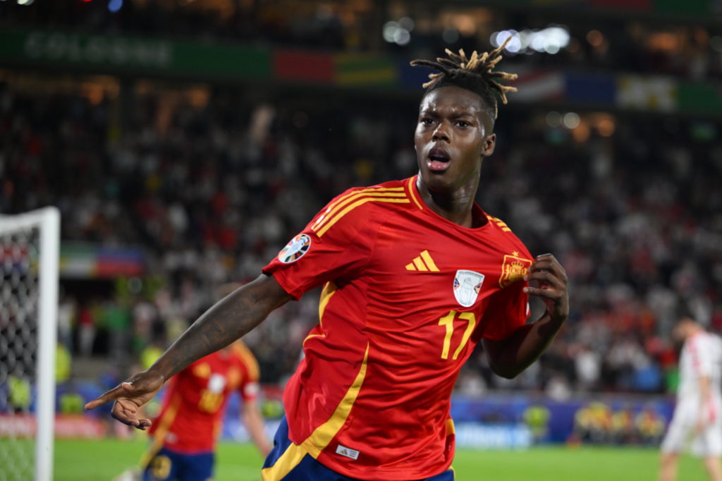 Nico Williams (17) of Spain celebrates after scoring a goal during the UEFA EURO 2024 round of 16 match between Spain and Georgia at Cologne Stadiu...