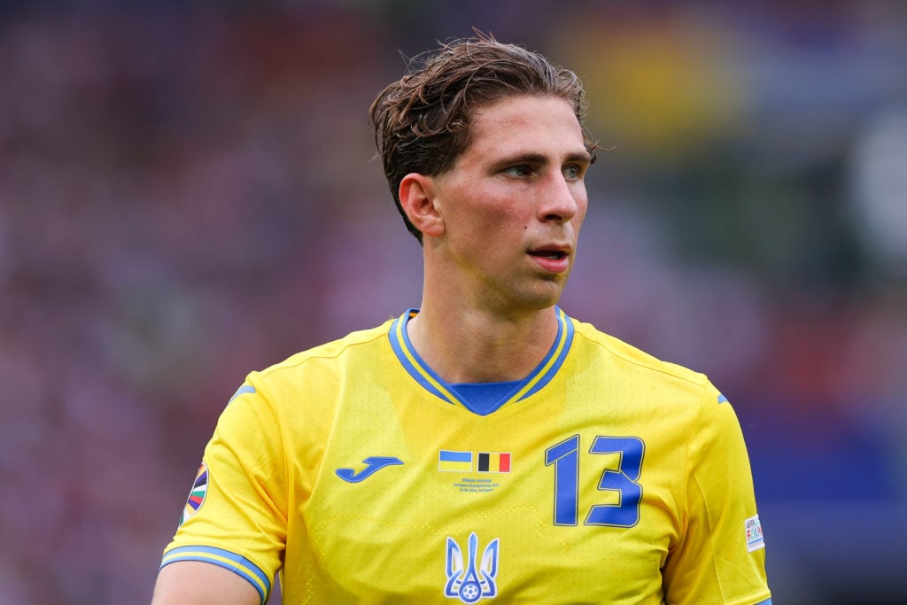 Illya Zabarnyi of Ukraine during the UEFA EURO 2024 group stage match between Ukraine and Belgium at Stuttgart Arena on June 26, 2024 in Stuttgart,...