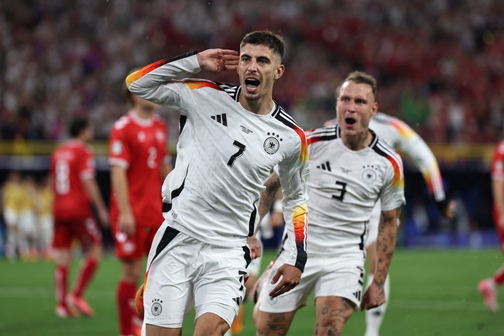 Kai Havertz of Germany celebrating his goal to make it 1-0 during the UEFA EURO 2024 round of 16 match between Germany and Denmark at Football Stad...