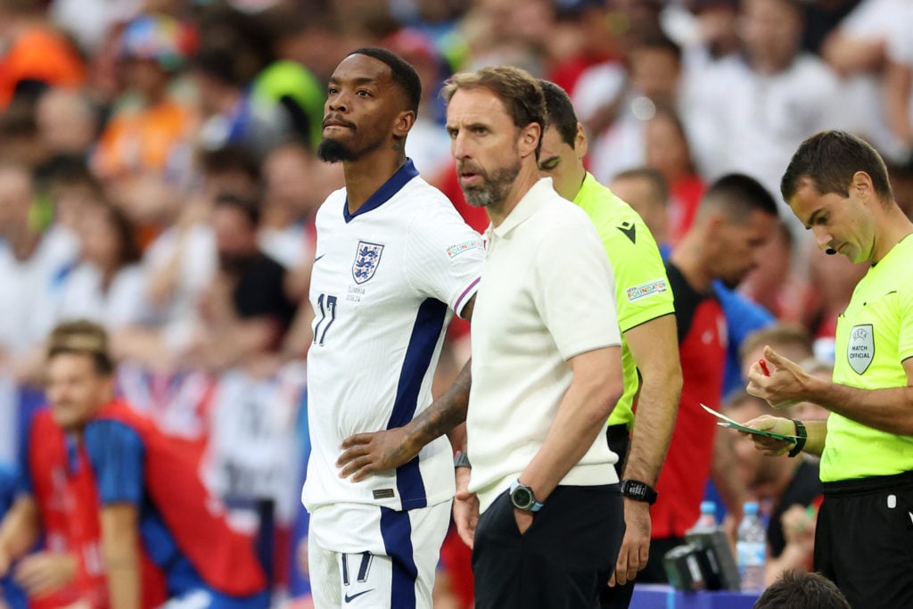 Ivan Toney of England prepares to be substituted as Gareth Southgate, Head Coach of England, looks on during the UEFA EURO 2024 round of 16 match b...