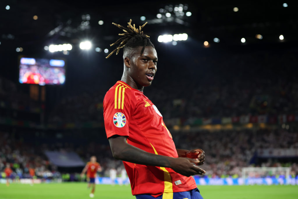 Nico Williams of Spain celebrates scoring his team's third goal during the UEFA EURO 2024 round of 16 match between Spain and Georgia at Cologne St...