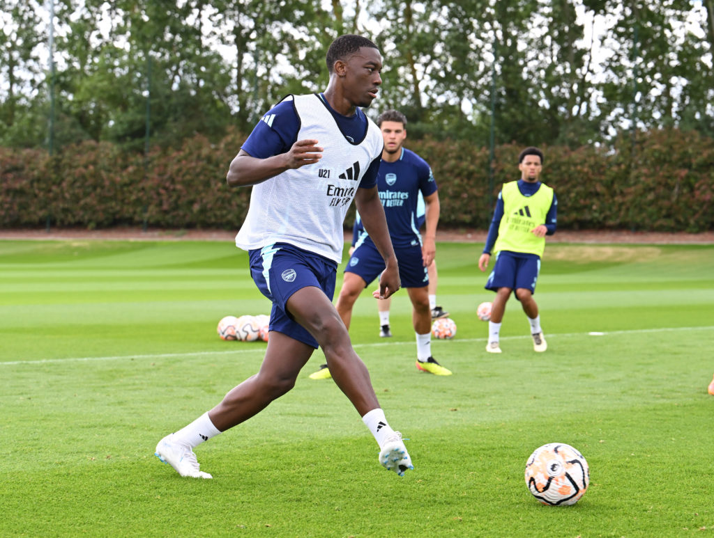 Khayon Edwards of Arsenal during the Arsenal U21 training session at Sobha Realty Training Centre on July 01, 2024 in London Colney, England.