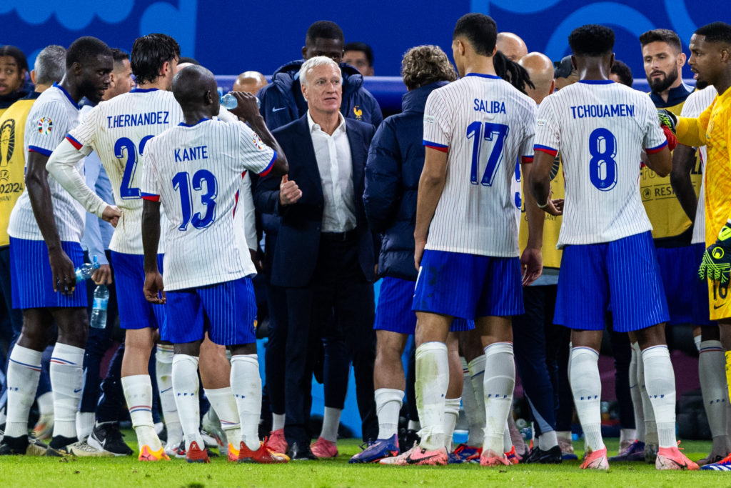 Trener Didier Deschamps is talking with N'Golo Kante ,William Saliba ,Theo Hernandez  during the UEFA Euro 2024  Quarter-Final  match between Portu...