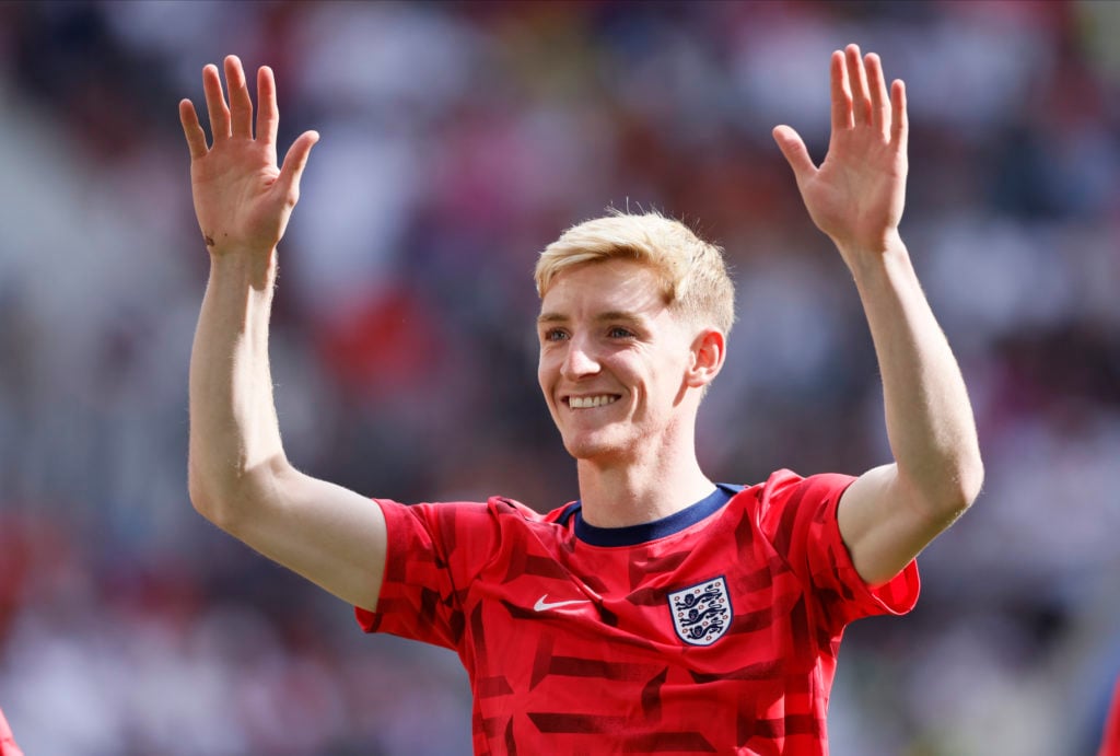 Anthony Gordon of England waves at fans before the UEFA EURO 2024 quarter-final match between England and Switzerland at Düsseldorf Arena on July 6...