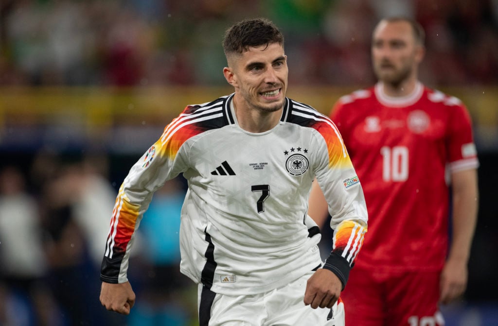 Kai Havertz of Germany celebrates scoring his team's first goal during the UEFA EURO 2024 round of 16 match between Germany and Denmark at Football...