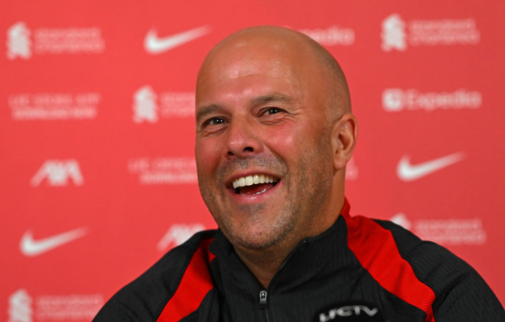 (THE SUN OUT. THE SUN ON SUNDAY OUT)  New Head Coach Arne Slot at his first press conference at AXA Training Centre on July 05, 2024 in Kirkby, Eng...