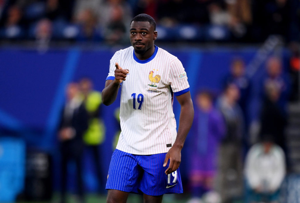 Youssouf Fofana of France celebrates scoring the team's second penalty in the penalty shoot out during the UEFA EURO 2024 quarter-final match betwe...