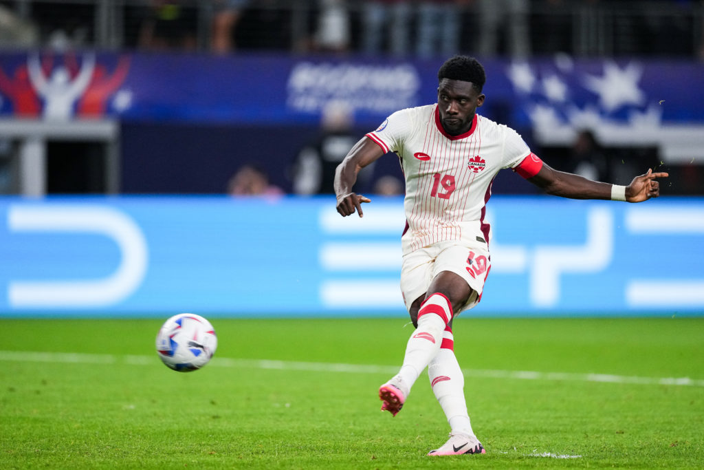 Alphonso Davies of Canada scores a penalty during the CONMEBOL Copa America 2024 quarter-final match between Venezuela and Canada at AT&T Stadi...