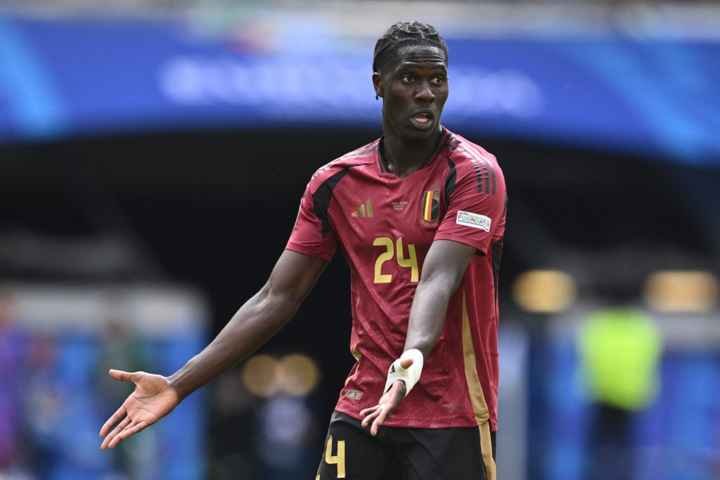 Amadou Onana of Belgium reacts during the UEFA EURO 2024 round of 16 match between France and Belgium at Düsseldorf Arena on July 01, 2024 in Dusse...