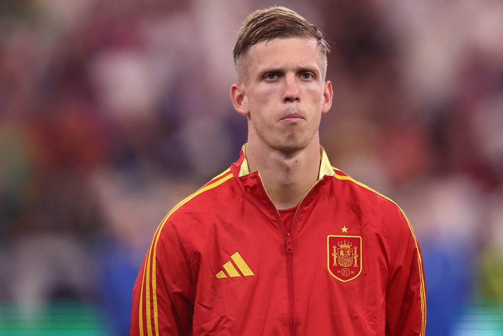 Dani Olmo of Spain looks on prior to the UEFA EURO 2024 semi-final match between Spain and France at Munich Football Arena on July 9, 2024 in Munic...