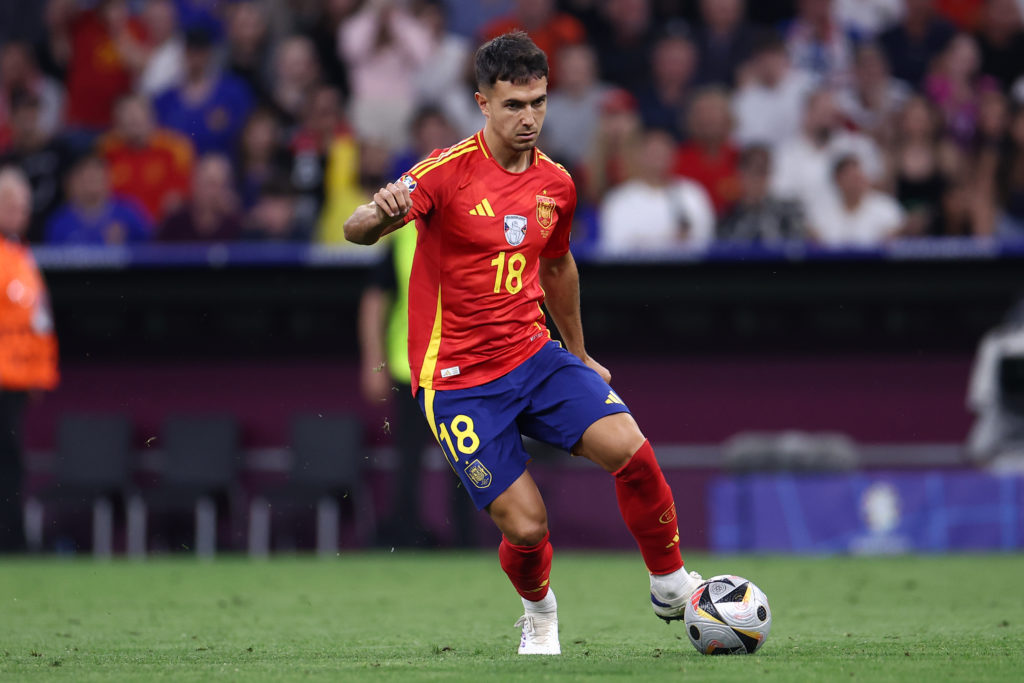 Martin Zubimendi of Spain controls the ball during the UEFA EURO 2024 semi-final match between Spain and France at Munich Football Arena on July 9,...