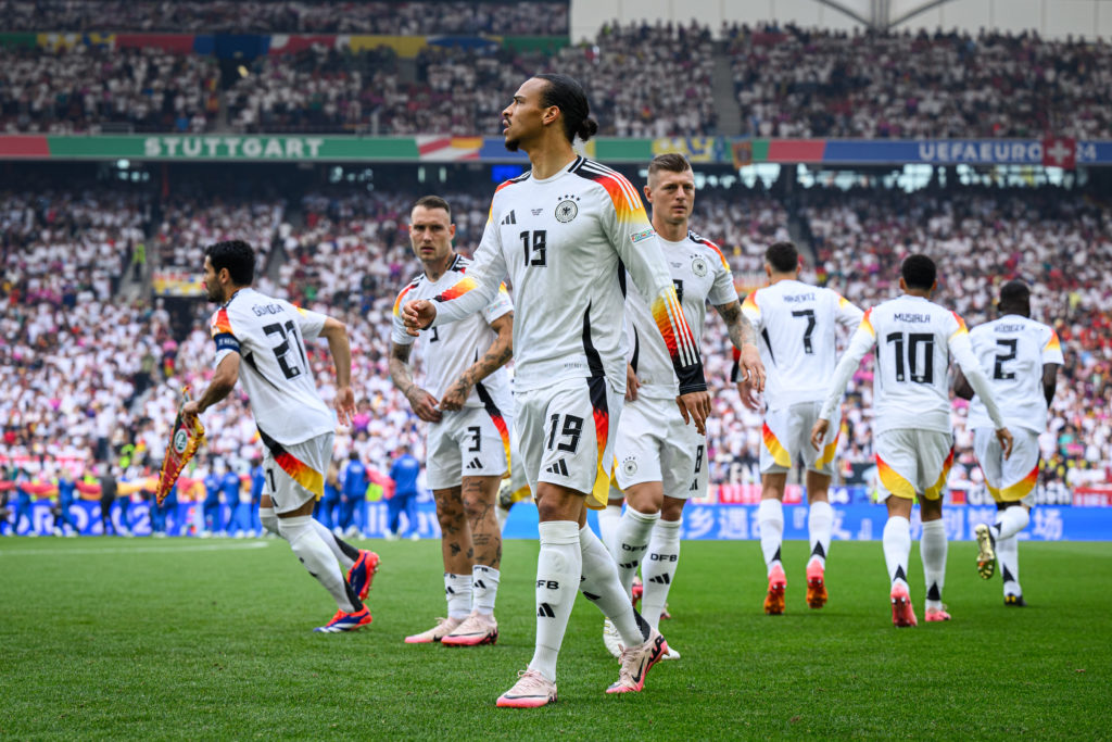 Ilkay Guendogan (L-R), David Raum, Leroy Sane, Toni Kroos, Kai Havertz, Jamal Musiala and Antonio Ruediger of Germany wait for the kick-off ahead o...