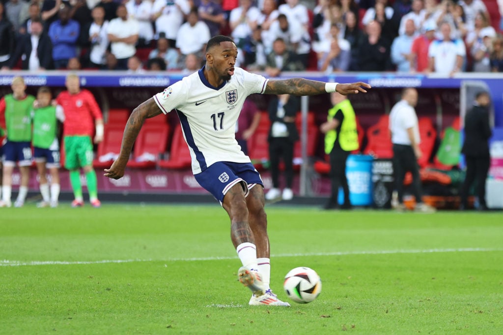 Ivan Toney of England scores the team's fourth penalty in the penalty shoot out during the UEFA EURO 2024 quarter-final match between England and S...