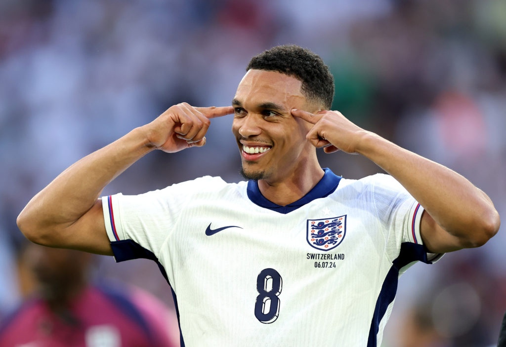 Trent Alexander-Arnold of England celebrates following the team's victory in the penalty shoot out during the UEFA EURO 2024 quarter-final match be...