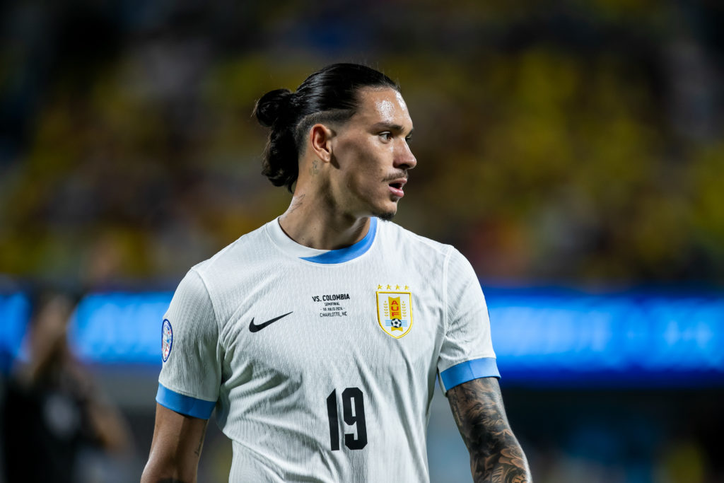 Uruguay forward Darwin Nunez walks toward his position during the CONMEBOL Copa America semifinal between Uruguay and Colombia on Wednesday July 10, 2024 at Bank of America Stadium.