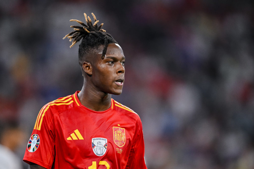 Nico Williams of Spain looks on during the UEFA EURO 2024 semi-final match between Spain and France at Munich Football Arena on July 9, 2024 in Mun...