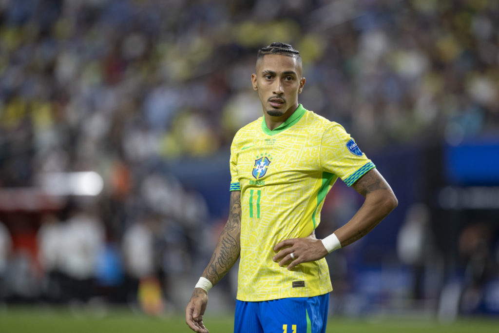 Raphinha #11of Brazil during a Copa America 2024 quarterfinal match between Brazil and Uruguay at Allegiant Stadium on July 6, 2024 in Las Vegas, N...