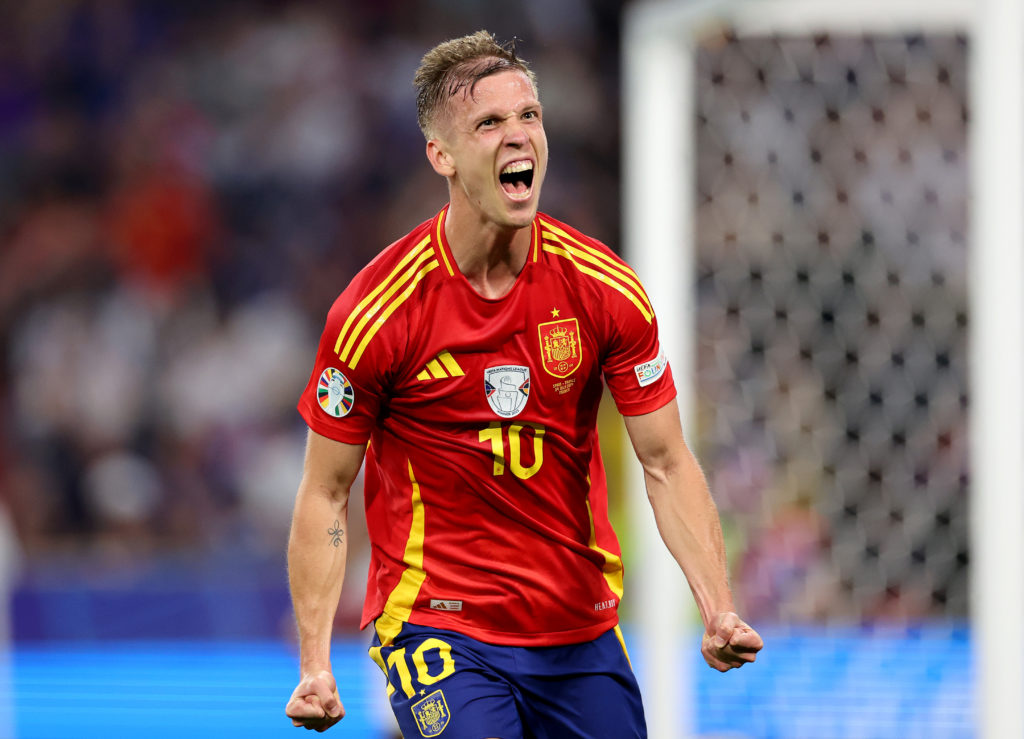 Dani Olmo of Spain celebrates scoring his team's second goal during the UEFA EURO 2024 Semi-Final match between Spain and France at Munich Football...